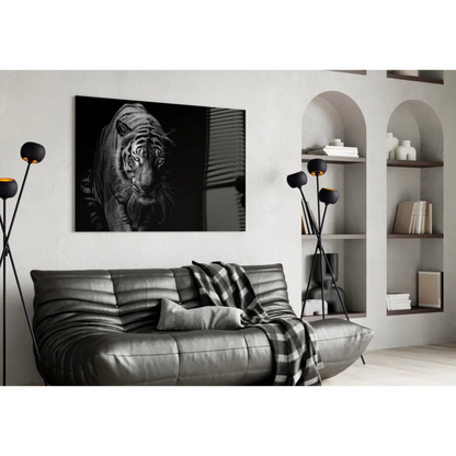 Bold black-and-white tiger canvas wall art hanging on wall