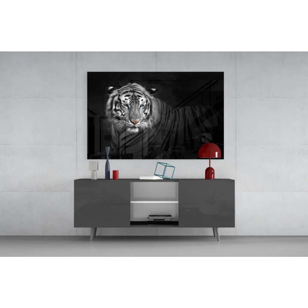Black-and-white framed tiger wall art with piercing blue eyes