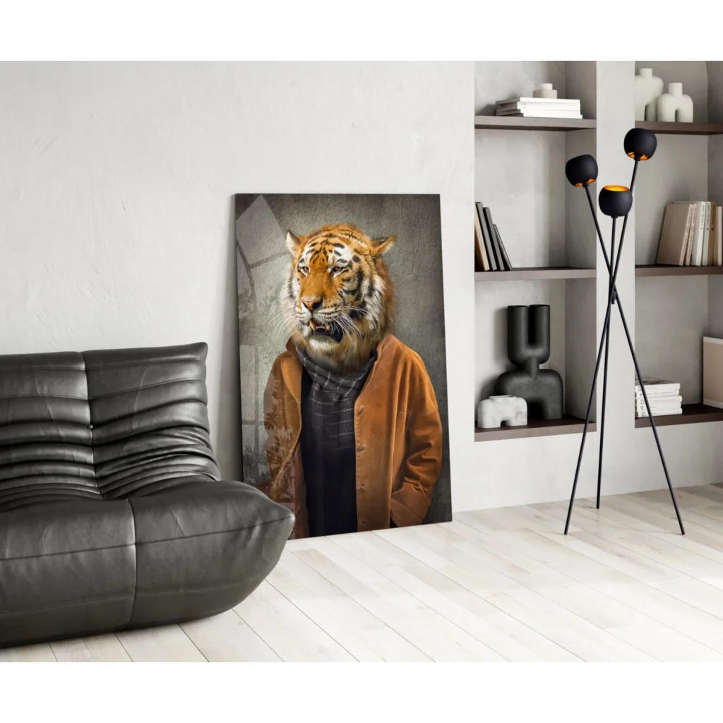 Dapper tiger in orange jacket wall art canvas print