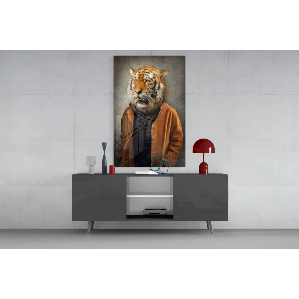 Dapper tiger in brown jacket canvas wall art print