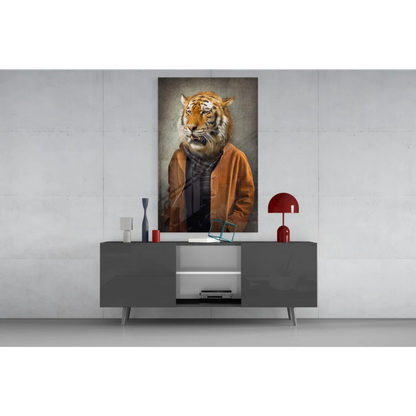 Dapper tiger in brown jacket canvas wall art print