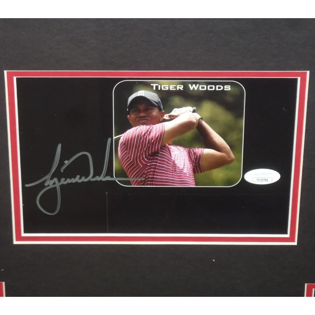Framed Tiger Woods signed photo in red polo, Tiger Slam tribute