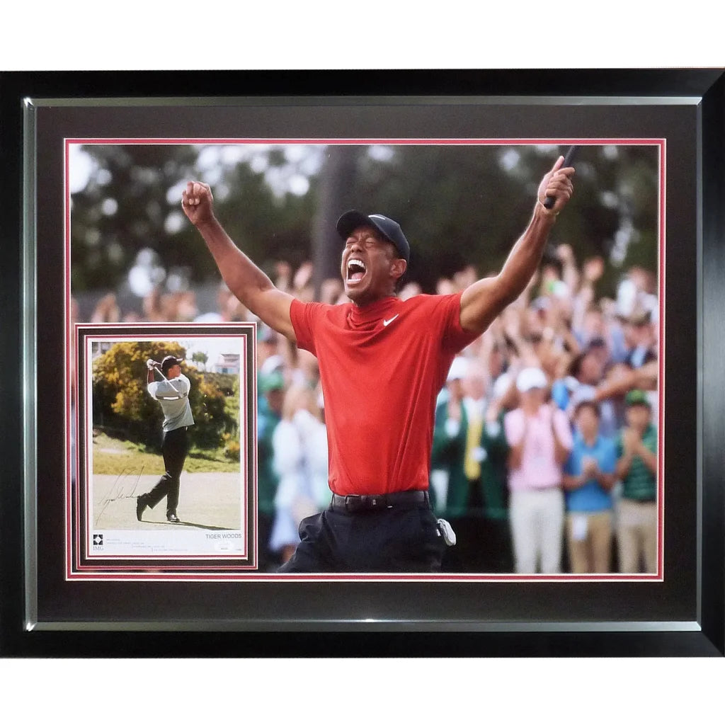 Framed Tiger Woods Masters golf poster with autographed 8x10 photo