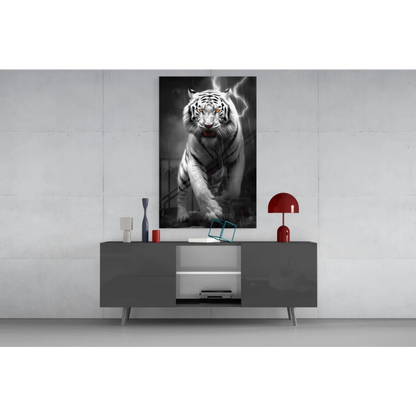 Stunning white tiger glass wall art print with glowing eyes