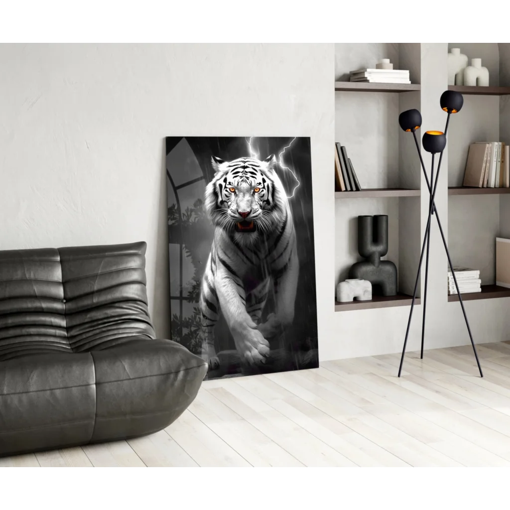 Fierce white tiger glass wall art print with glowing eyes and lightning