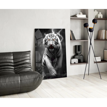 Fierce white tiger glass wall art print with glowing eyes and lightning