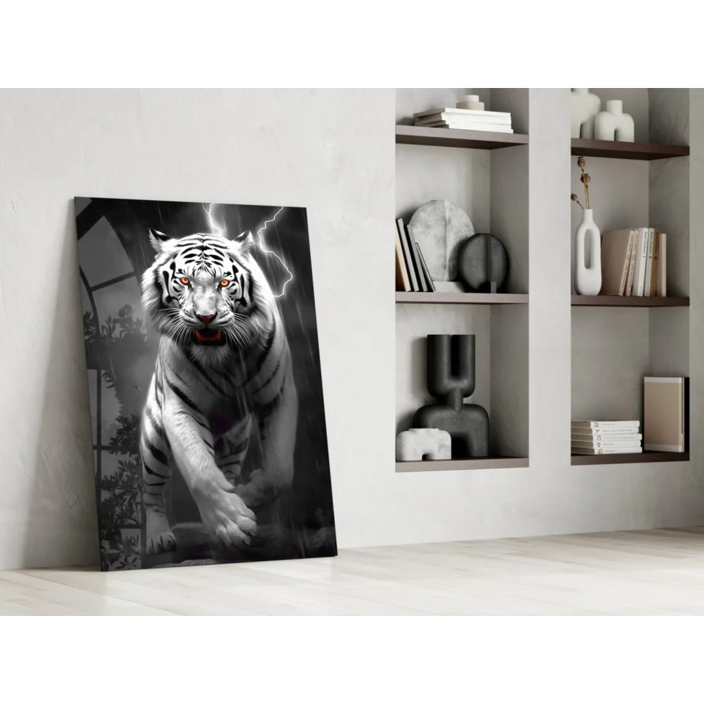 Fierce white tiger glass wall art print with glowing eyes on minimalist wall