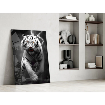 Fierce white tiger glass wall art print with glowing eyes on minimalist wall