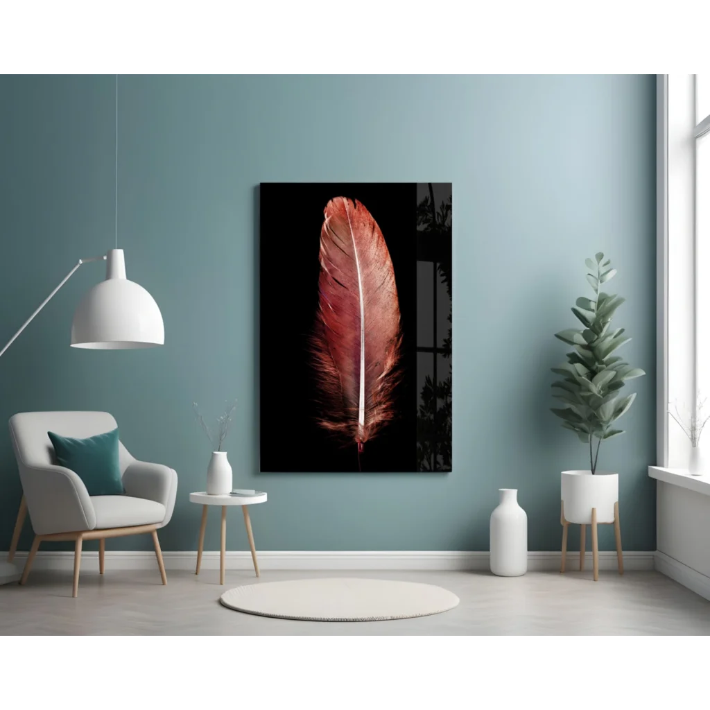 Rose gold feather glass wall art print with glossy finish