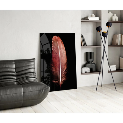 Rose gold feather glass wall art print with glossy finish