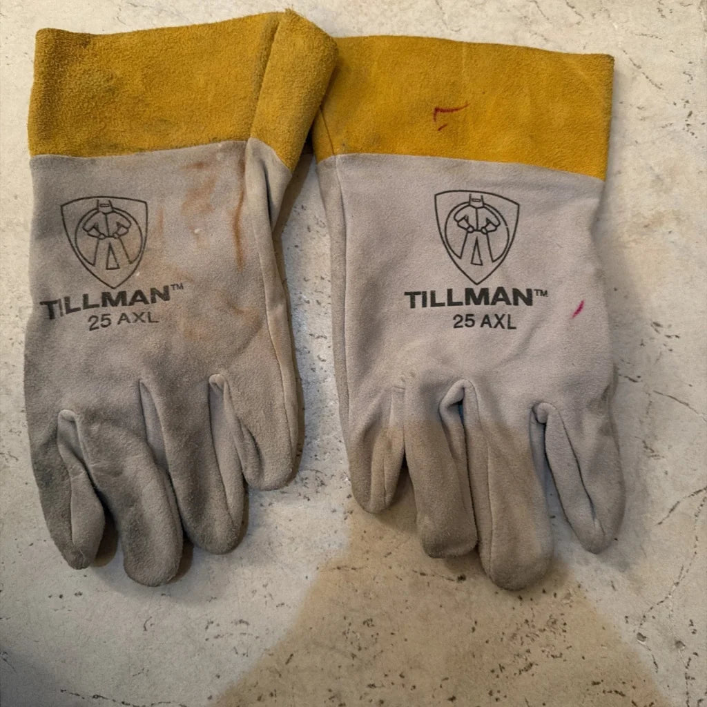 Tillman 25 AXL welding gloves, gray leather palms, yellow cuffs, extra large