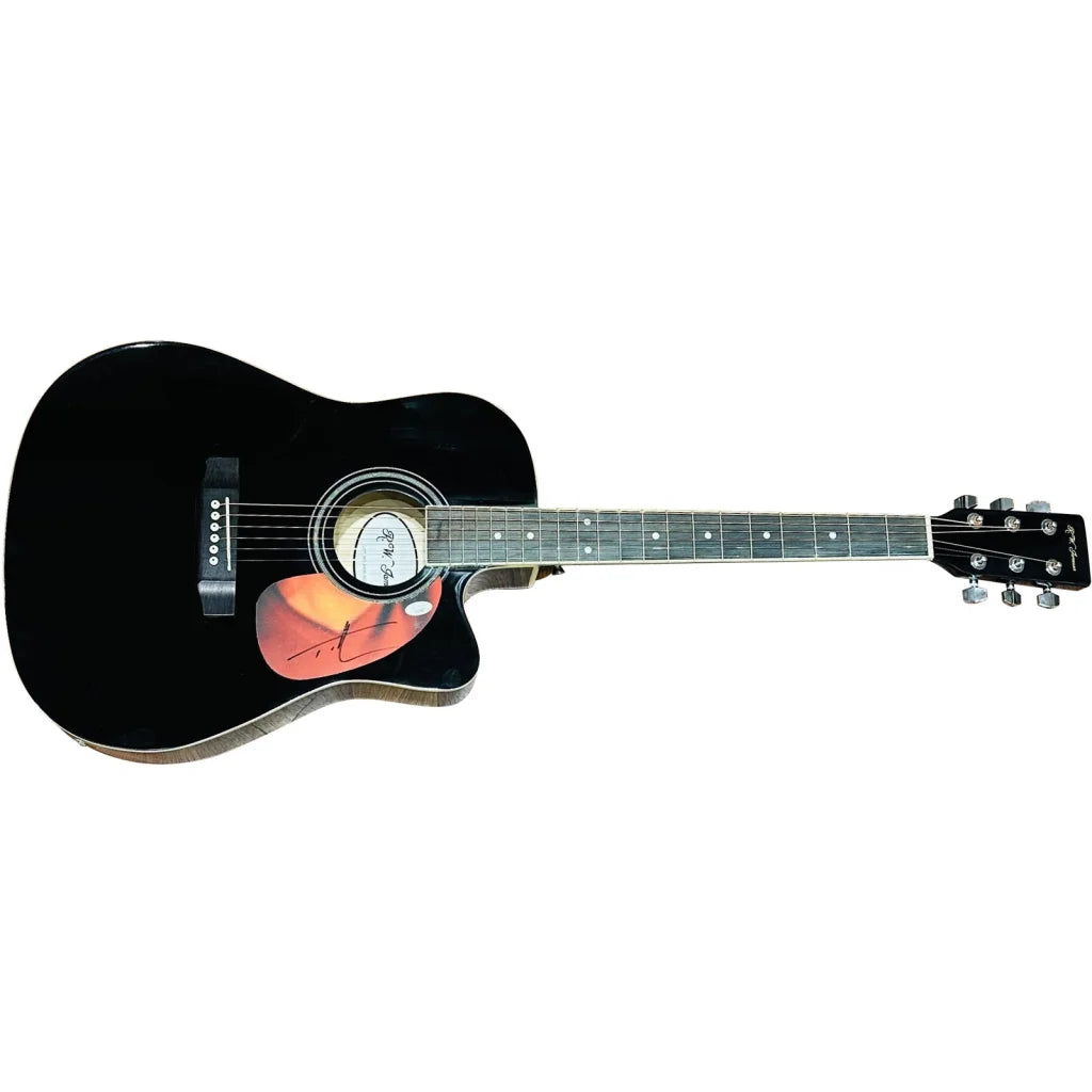 Tim McGraw black acoustic guitar with glossy finish and flame design