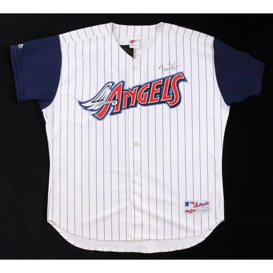 White pinstriped Tim Salmon Angels jersey with blue sleeves and red Angels logo