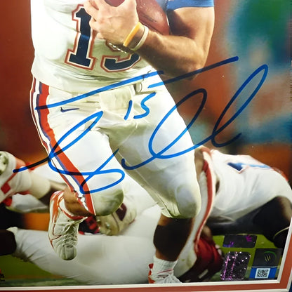 Autographed Tim Tebow framed 8x10 photo in orange and white Florida Gators uniform holding a football from private signing