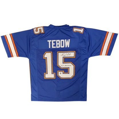 Tim Tebow autographed Florida Gators blue jersey #15 with Heisman inscription