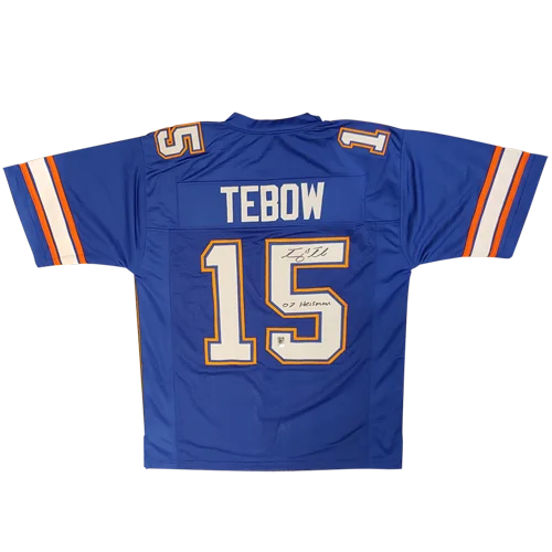 Tim Tebow autographed Florida Gators blue jersey #15 with Heisman inscription