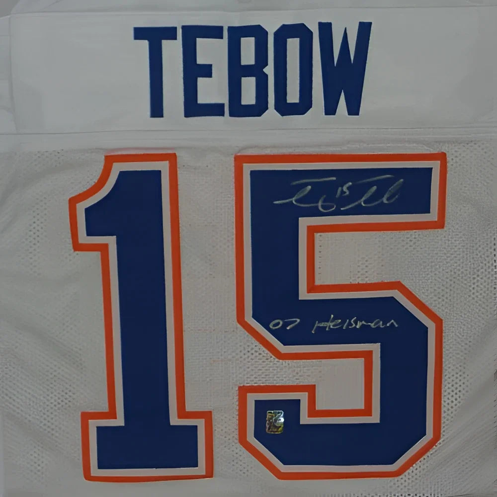 Tim Tebow autographed Florida Gators white jersey with #15 Heisman