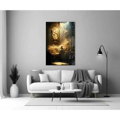 Mystical golden clock glass wall art with swirling light on gray wall
