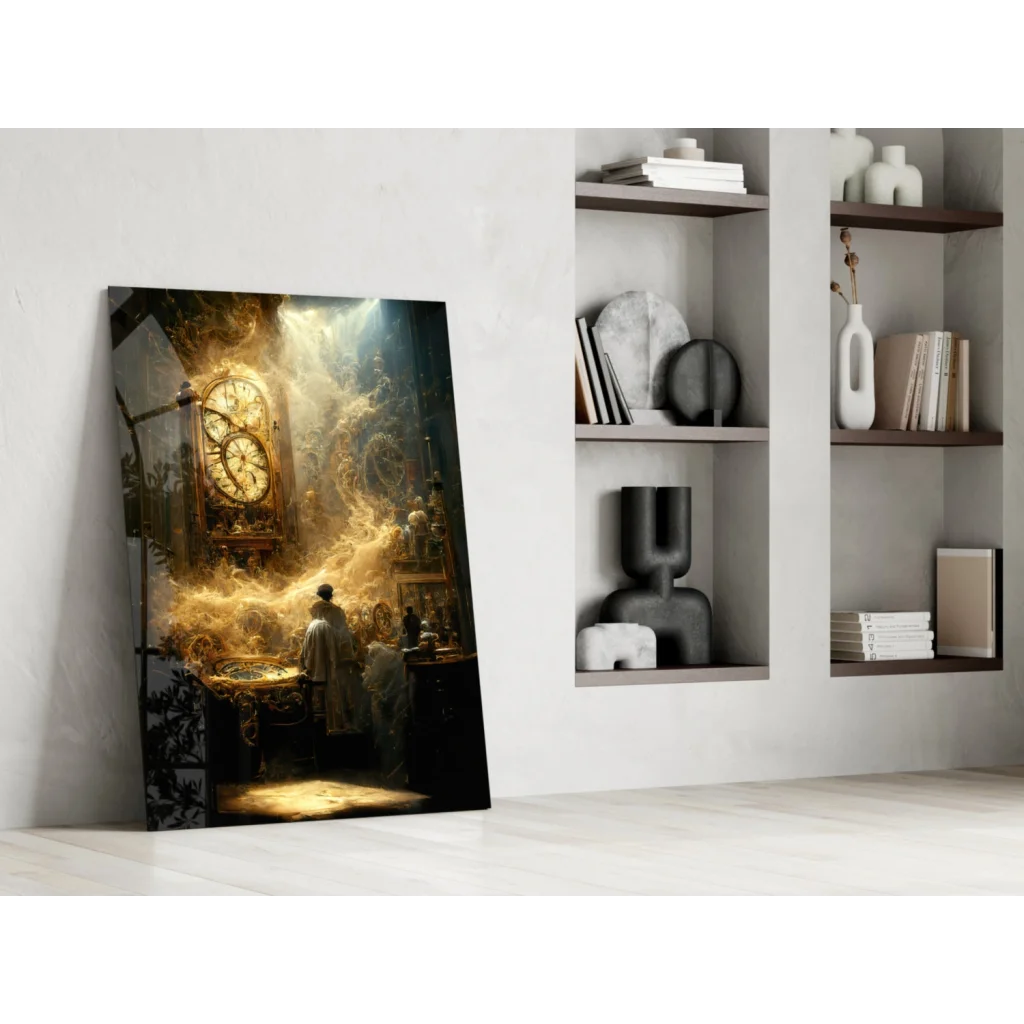 Mystical golden clock glass wall art with swirling light and smoke