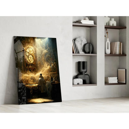 Mystical golden clock glass wall art with swirling light and smoke