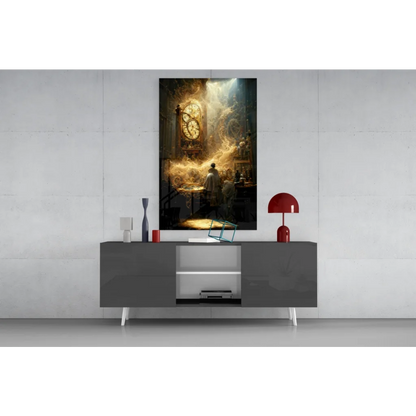 Mystical golden clock glass wall art with swirling light above gray console