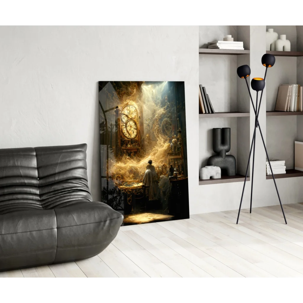 Mystical golden clock glass wall art with swirling light and smoke