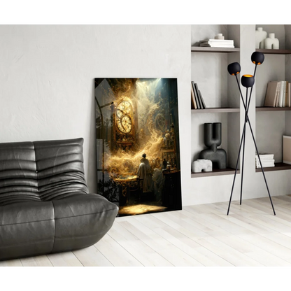 Mystical golden clock glass wall art with swirling light and smoke