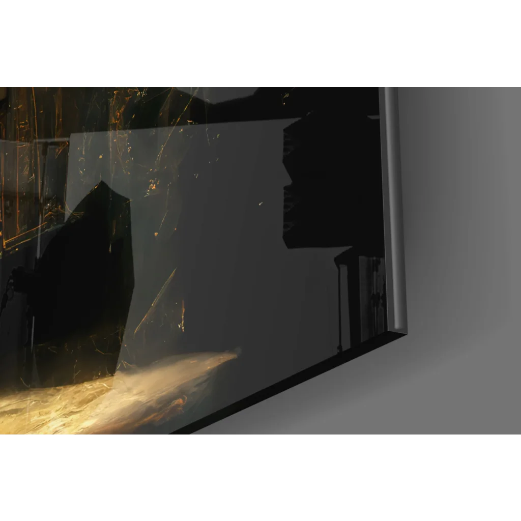 Mystical golden clock glass wall art with swirling light TV display