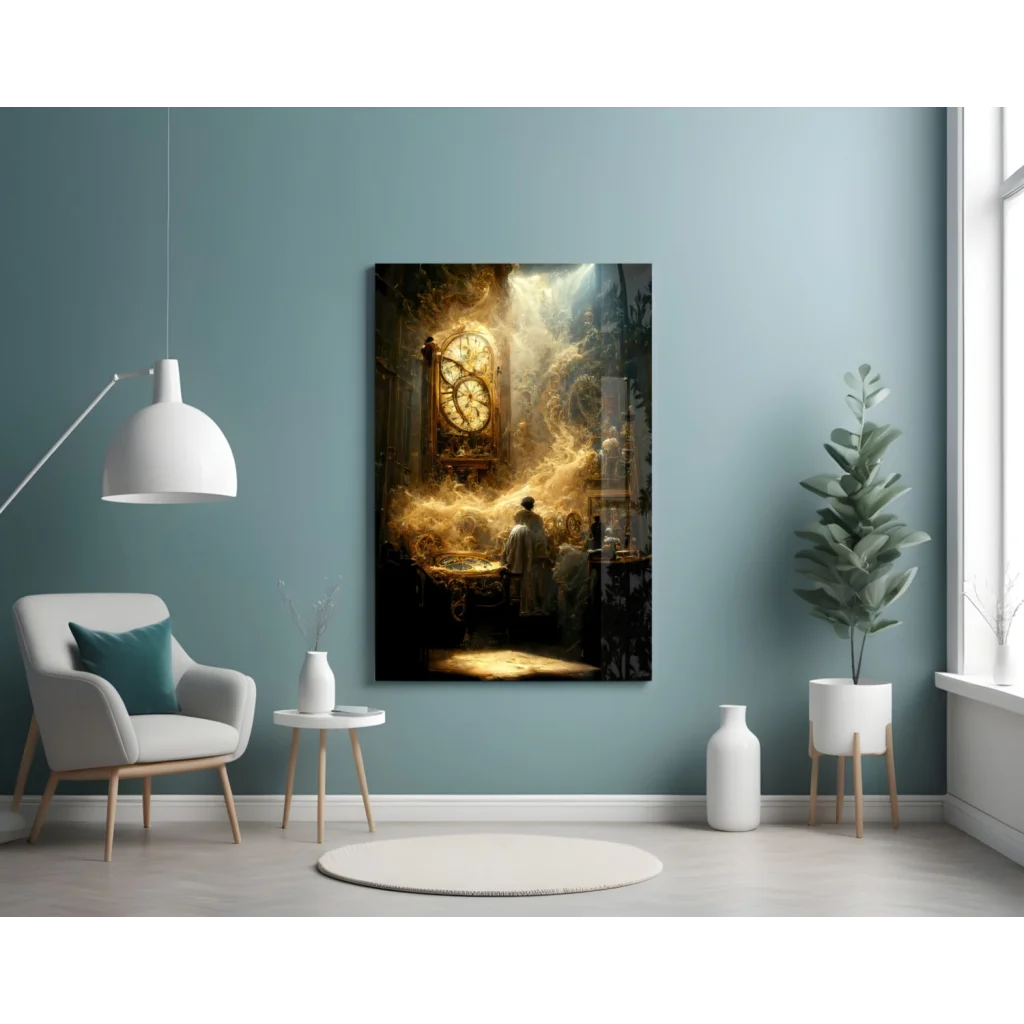 Mystical golden clock glass wall art with glowing light and smoke