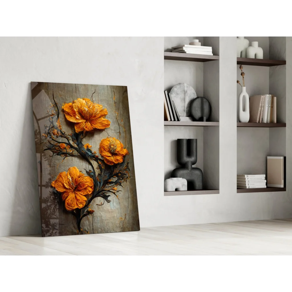 Vibrant orange hibiscus glass wall art with textured blooms