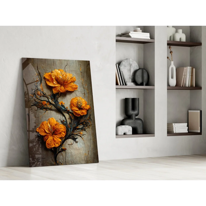 Vibrant orange hibiscus glass wall art with textured blooms