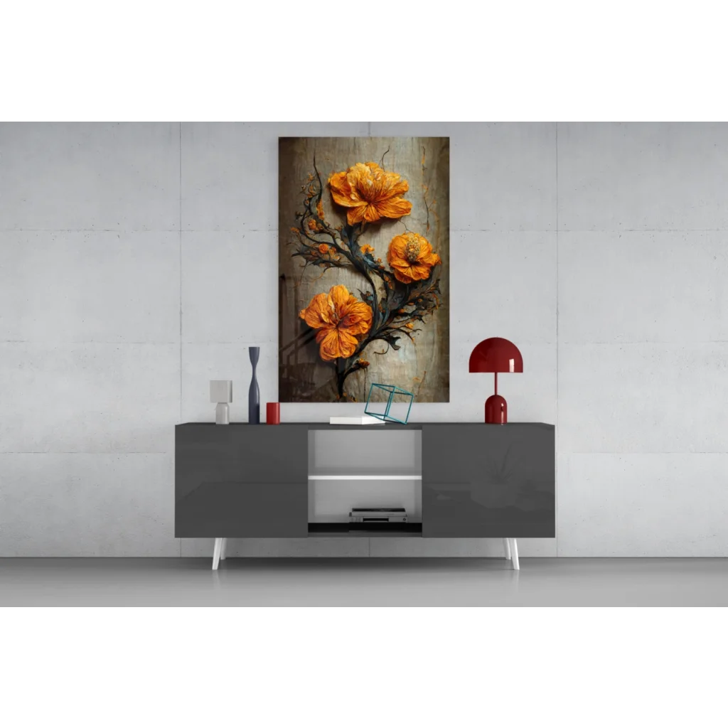 Vibrant orange hibiscus glass wall art with textured blooms and gnarled branches