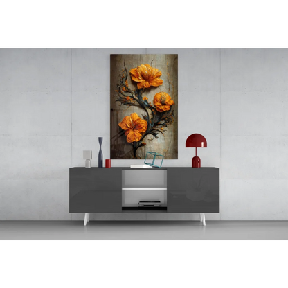 Vibrant orange hibiscus glass wall art with textured blooms and gnarled branches