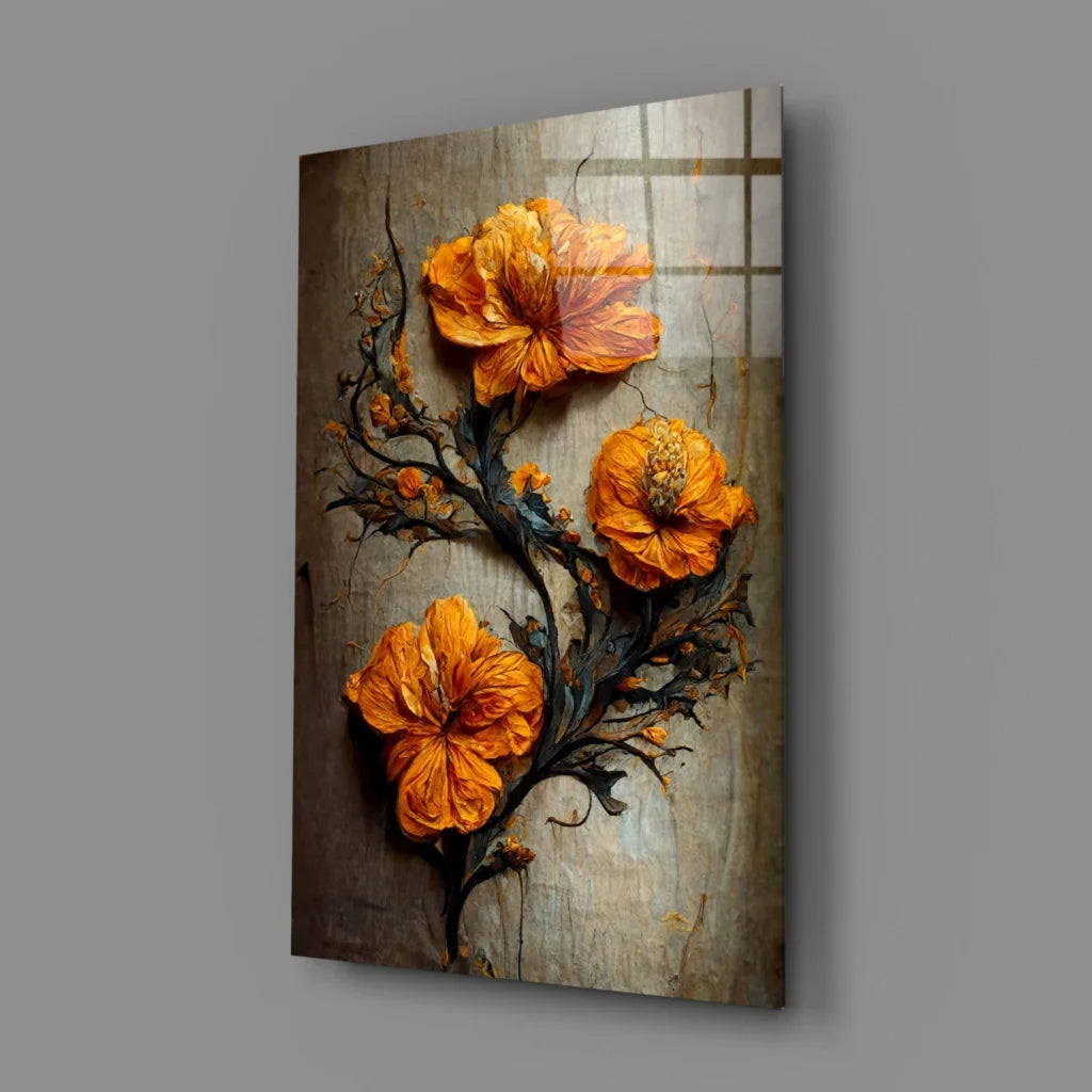 Stunning Orange Hibiscus Glass Wall Art with Textured Blooms | Glass Wall Art Print | vintageantiquesgifts.com