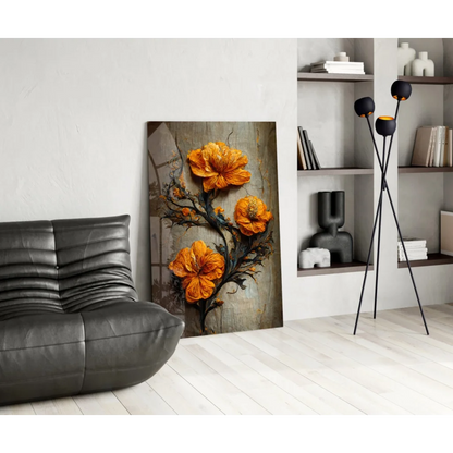 Vibrant orange hibiscus glass wall art with textured 3D blooms