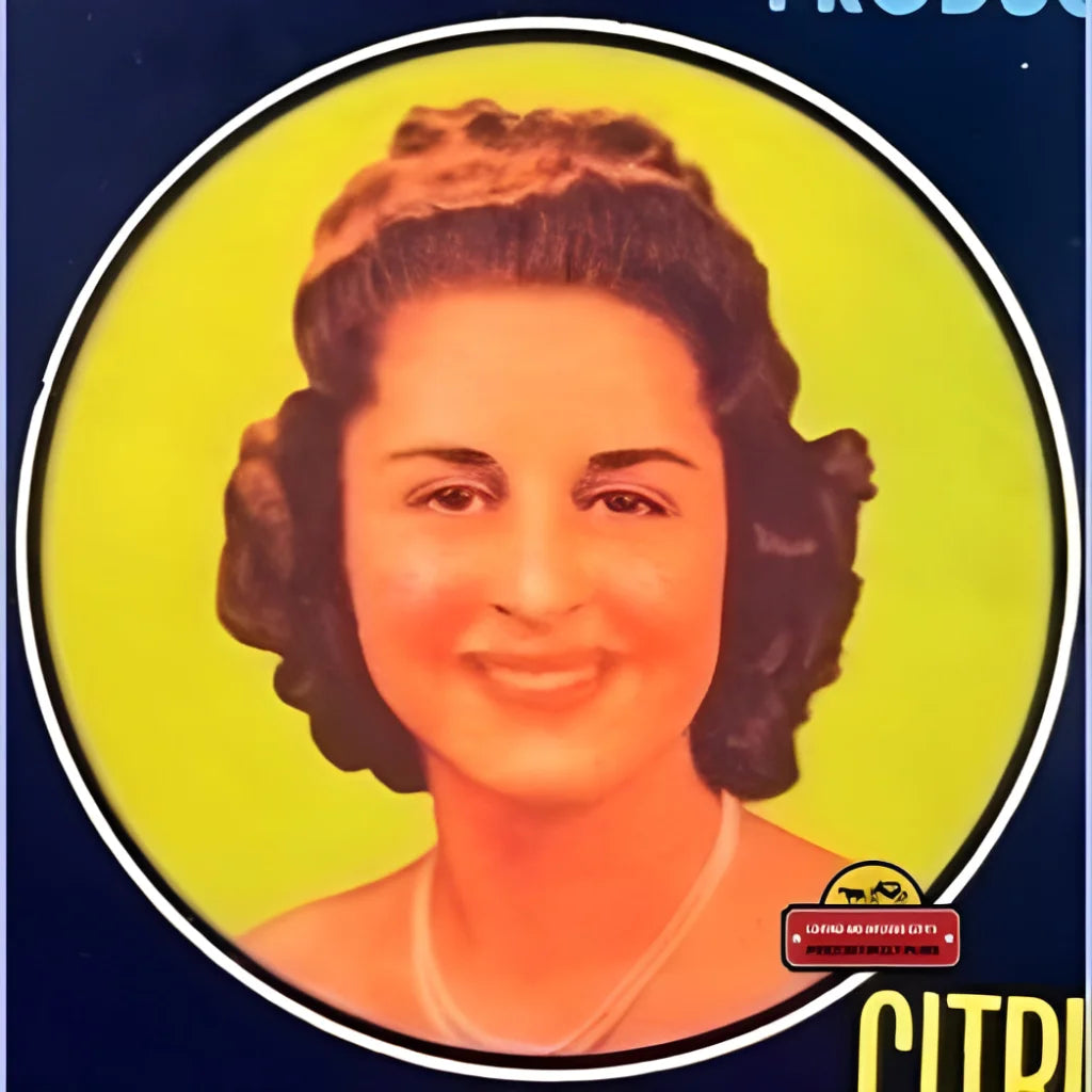 Smiling woman with curly hair on a vintage Ruby Crate label with a cheerful background