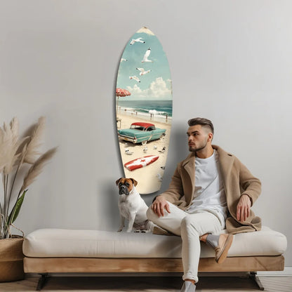Retro tempered glass art with vintage surfboard beach scene
