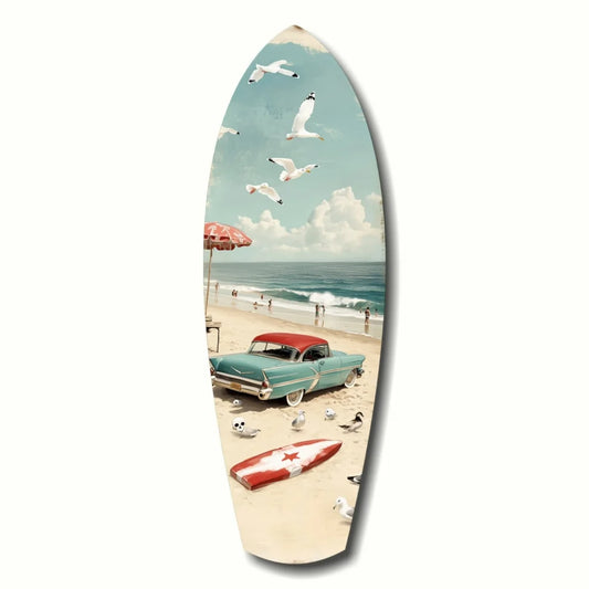 Retro surfboard tempered glass art with vintage beach scene