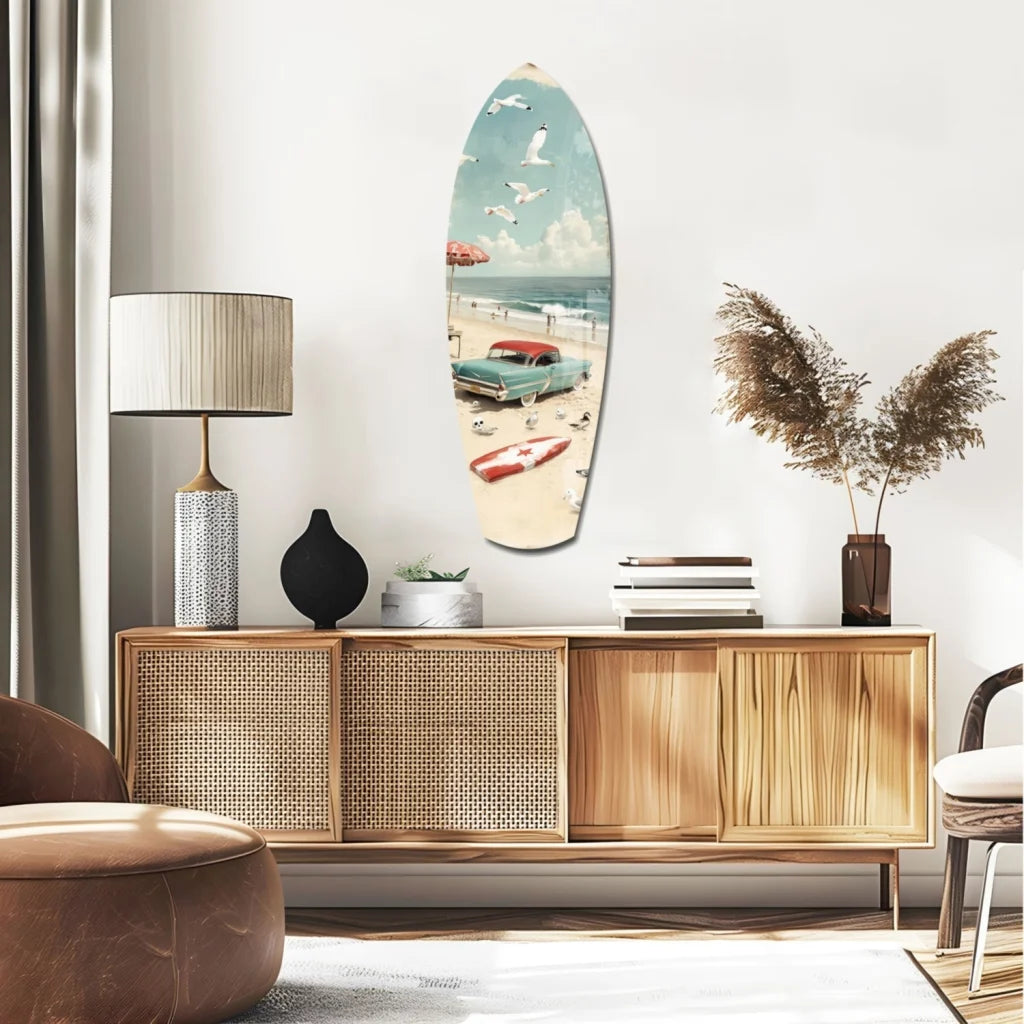 Retro Surfboard Tempered Glass Art with Vintage Beach Scene | Glass Wall Art Print | vintageantiquesgifts.com