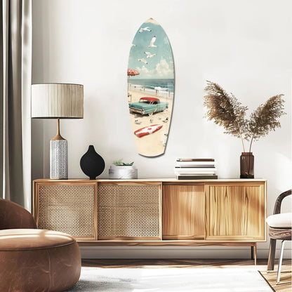 Retro Surfboard Tempered Glass Art with Vintage Beach Scene | Glass Wall Art Print | vintageantiquesgifts.com