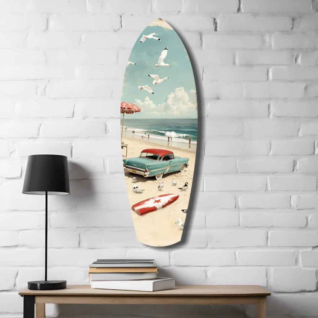 Retro Surfboard Tempered Glass Art with Vintage Beach Scene | Contemporary Home Wall Art | vintageantiquesgifts.com