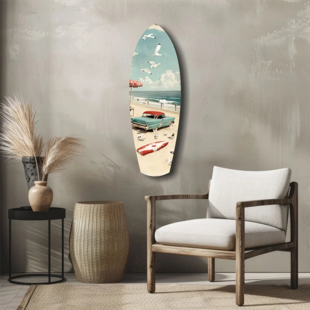 Retro surfboard tempered glass art with vintage beach scene