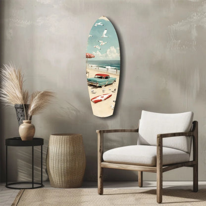 Retro surfboard tempered glass art with vintage beach scene