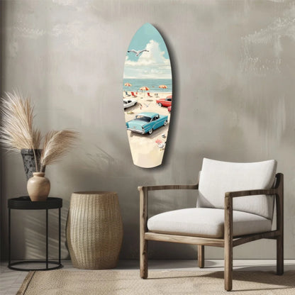 Vintage Beach Surfboard tempered glass art with retro beach scene