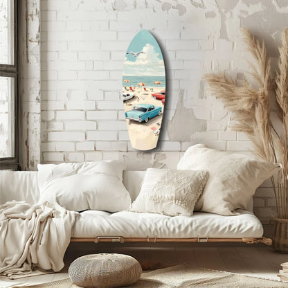 Vintage surfboard tempered glass art with turquoise beach car scene