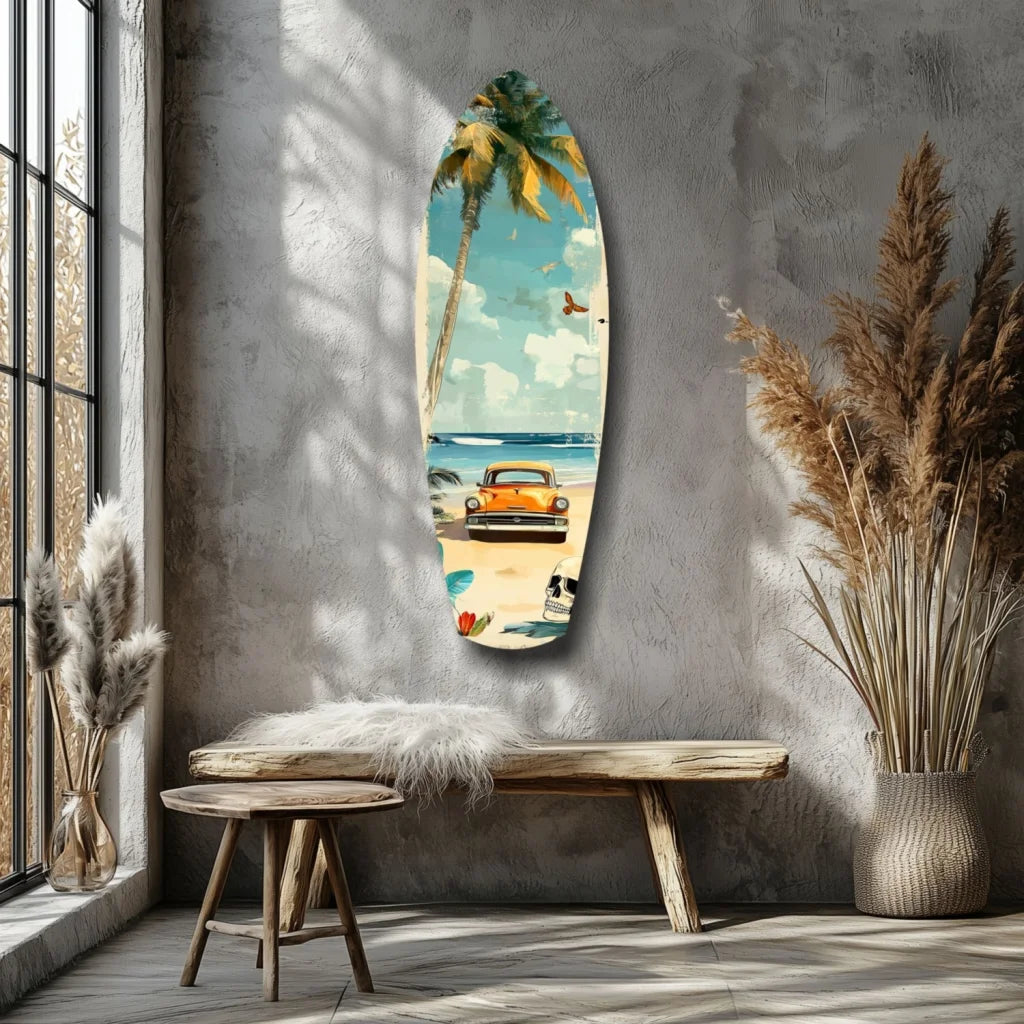 Vintage orange car on tropical beach with surfboard, tempered glass art