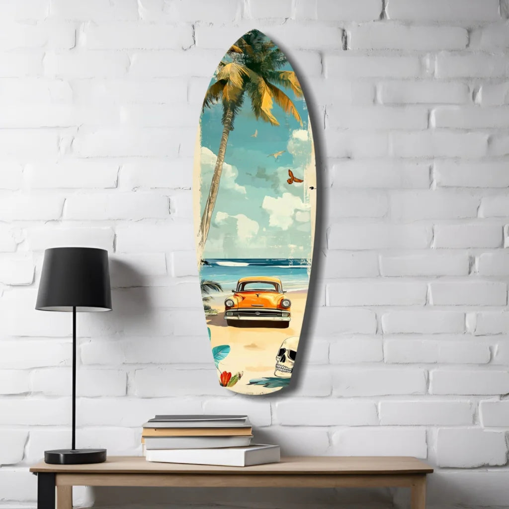 Vintage Surf Tempered Glass Art with Tropical Beach Scene | Contemporary Home Wall Art | vintageantiquesgifts.com