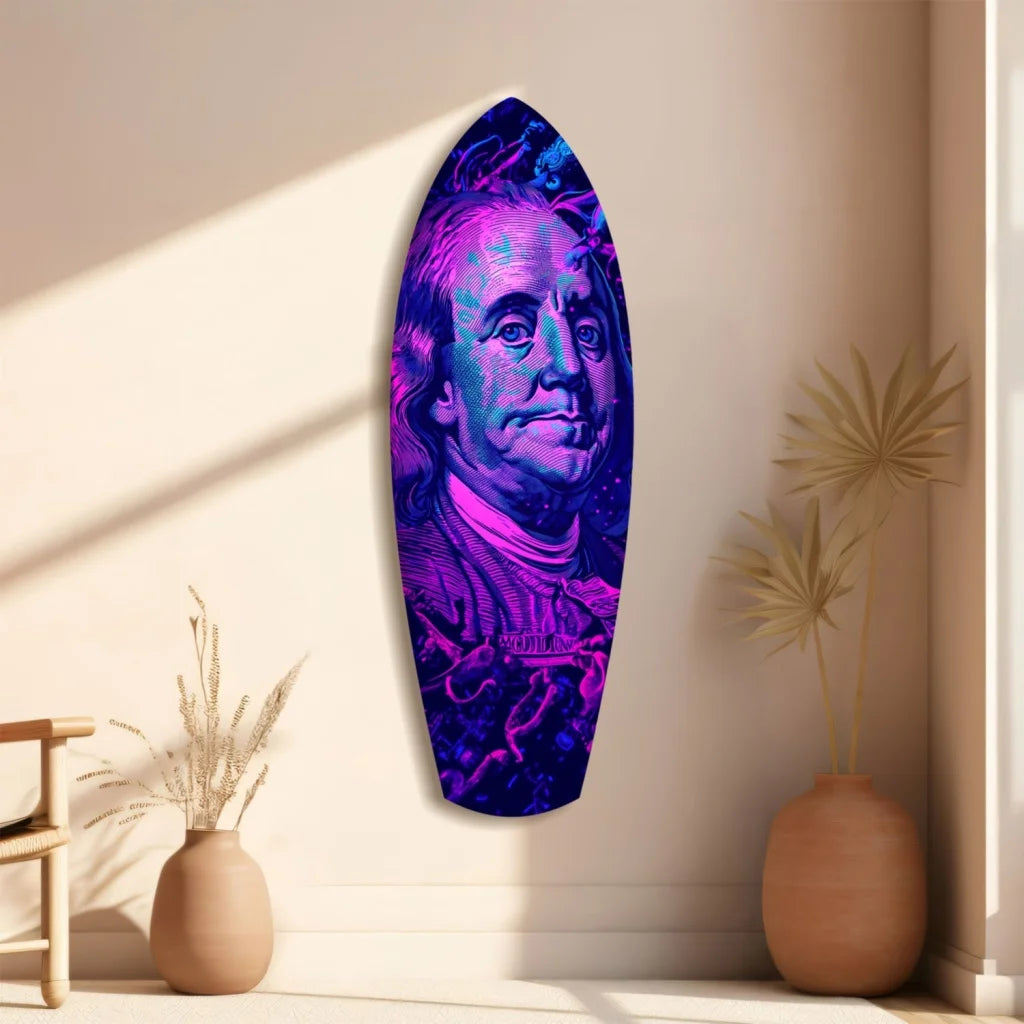 Vibrant neon Benjamin Franklin tempered glass art surfboard wall decor