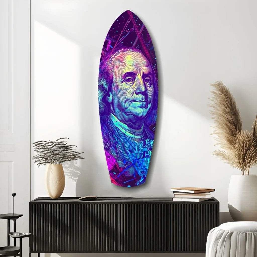 Vibrant neon pink and blue tempered glass art of Benjamin Franklin surfing