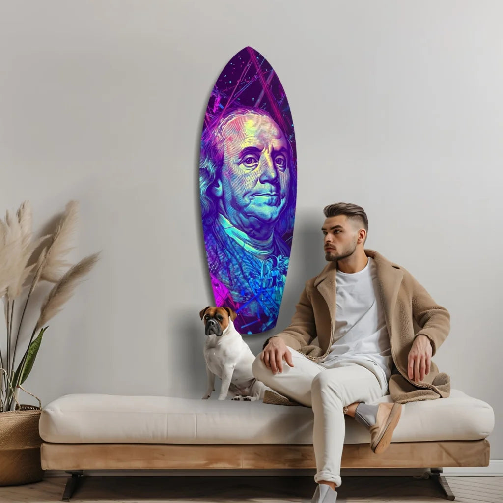 Neon Benjamin Franklin surfboard tempered glass art in timeless vision